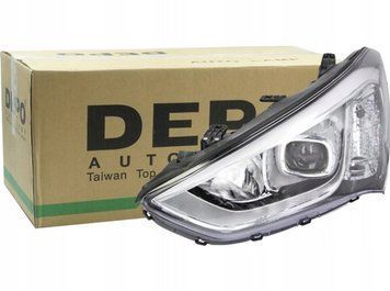 Фара передняя Hyundai Santa Fe 3 2012-2016, левая, электрическая регулировка, без ламп (H7*2/PY21W/LED), белая вставка, Depo, 2211167LLDEM