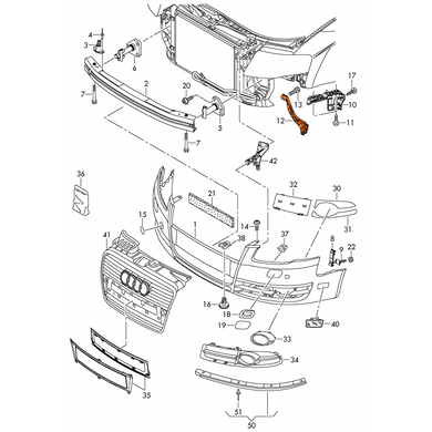 Крепление переднего бампера Audi A4 В7 2005-2008, левое, бампер-крыло, AVTM, 8E0807203B, 181205931