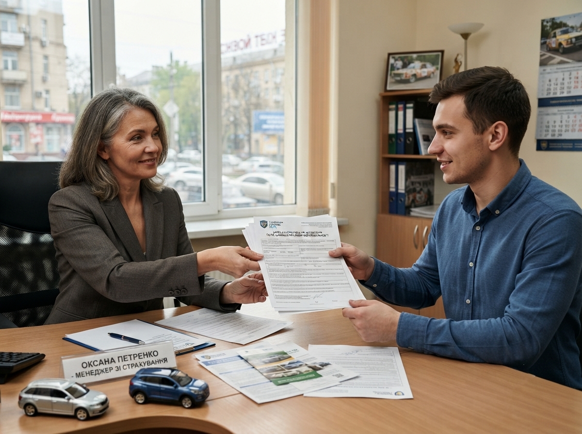 Водій подає документи у страхову компанію — стіл менеджера, документи, бланки