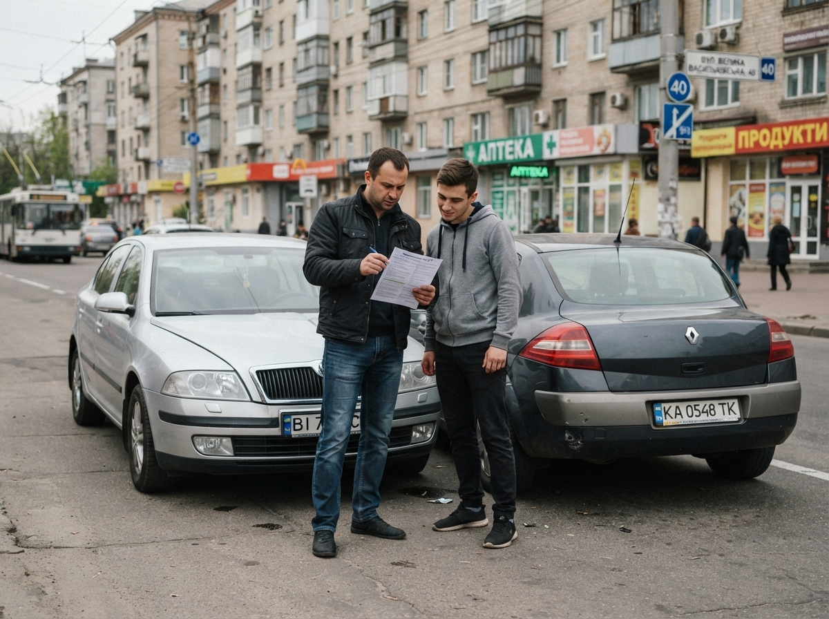 Заповнення бланку Євпротоколу на місці ДТП — два водії, пошкоджені автомобілі на фоні