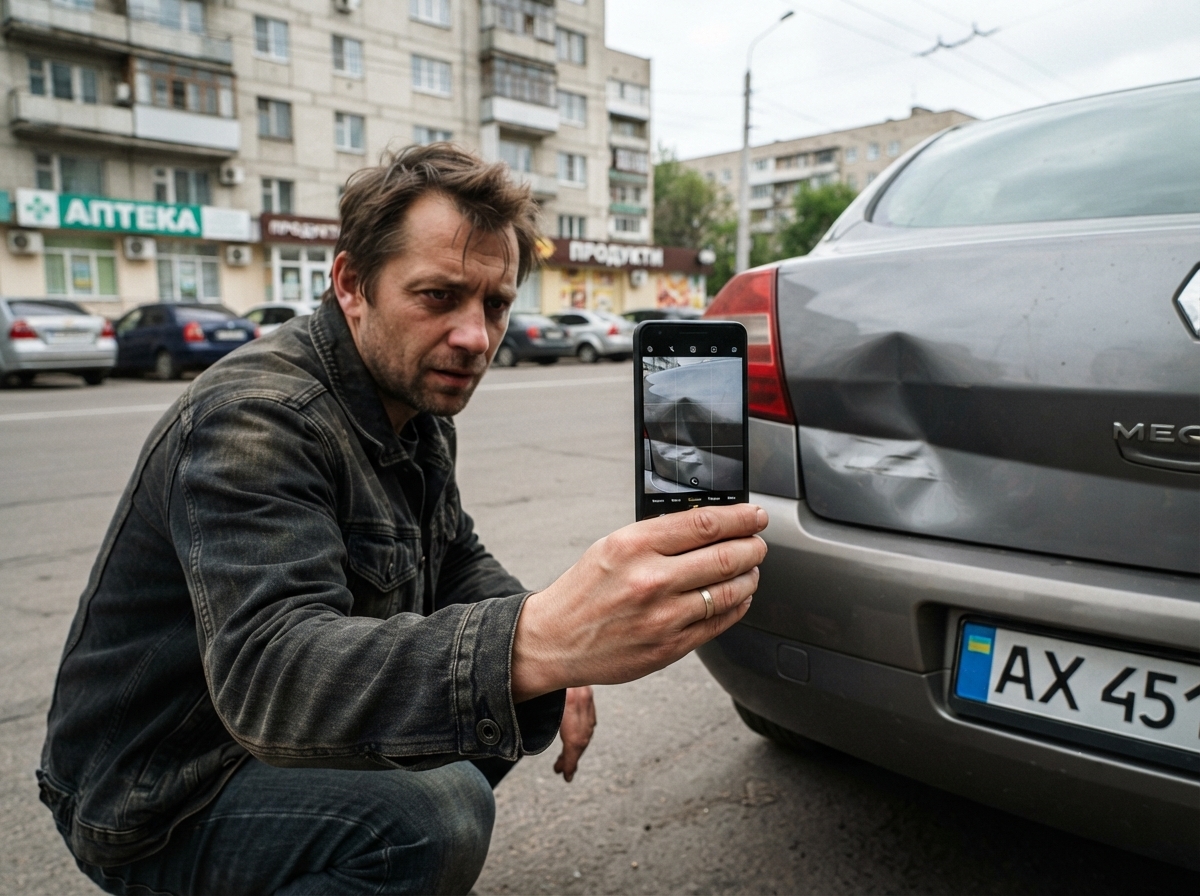 Власник авто фотографує пошкодження після ДТП — смартфон, деталь кузова, вулиця