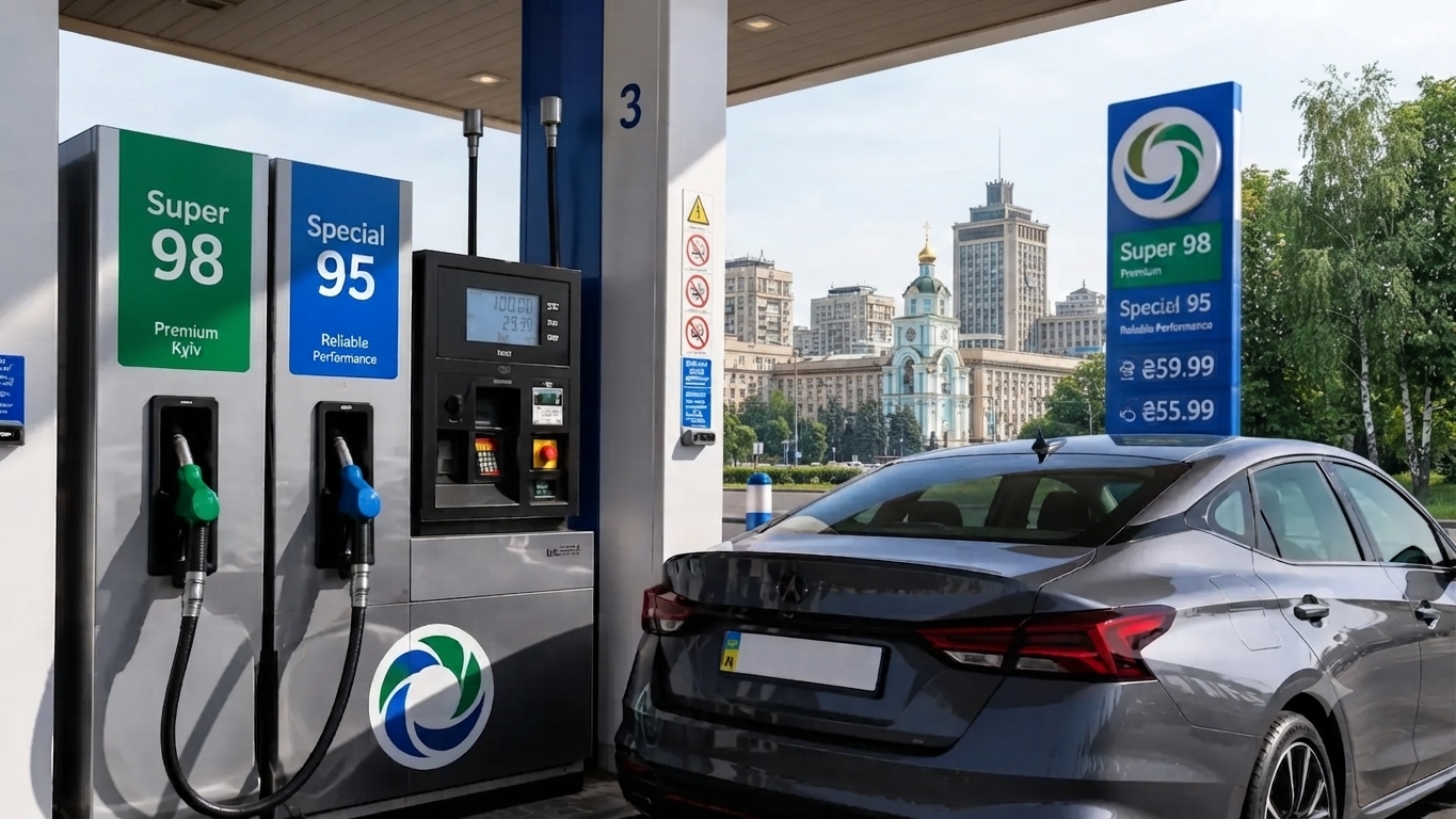 Паливна колонка з бензином Premium 98 — вид на маркування і пістолет заправки